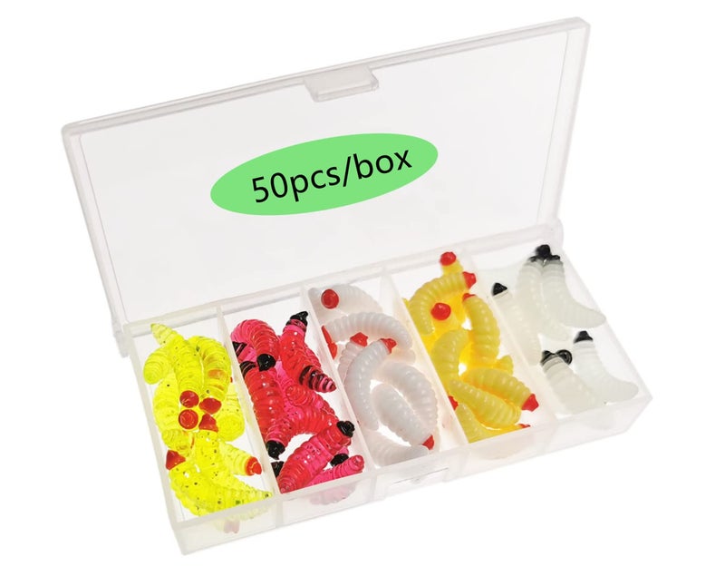 Milepetus 50pcs-1Inch Bass Fishing Worms Lures,Silicone Soft Maggot Baits Bread Worm Fishing Lure,5 Color (Multicolor) - Image 1